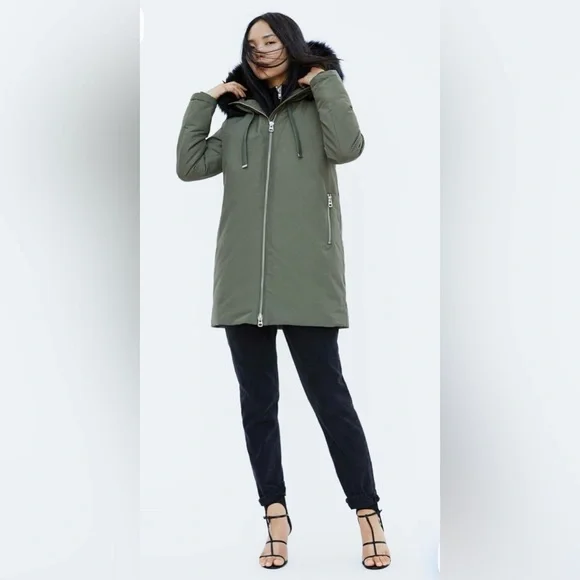 Zara Basic Olive Parka with Black Faux Fur Hood. Size S - Picture 1 of 12